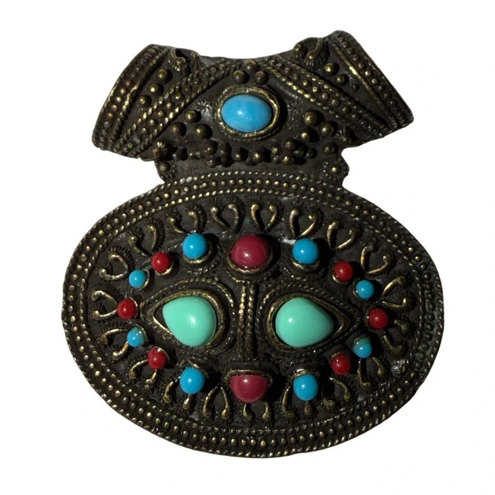 Vtg Tibetan Style Brass Statement Pendant‎ Turquoise Coral Red Green Stones
